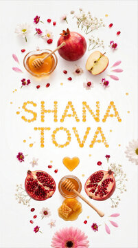 Shana Tova Rosh Hashanah Greeting Card with Honey Drops Text, Pomegranates, Apples and Spring Flowers on White Background