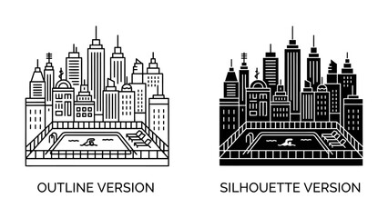 Obraz premium Cityscape Icons: A stylized representation of a bustling city skyline, featuring iconic buildings and a prominent swimming pool, presented in both outline and silhouette versions.