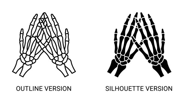 Praying Skeleton Hands Icon: Two artistic representations of praying skeleton hands, one as an outline and the other as a silhouette, symbolizing mortality and faith.