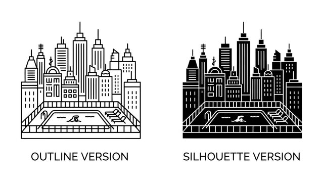 Cityscape Icons: A stylized representation of a bustling city skyline, featuring iconic buildings and a prominent swimming pool, presented in both outline and silhouette versions.