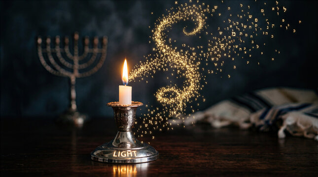 Rosh Hashanah celebration with a lit candle and magical glowing Hebrew letters, spiritual Jewish New Year concept with menorah and tallit background.