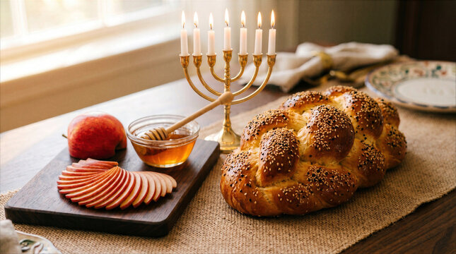 Festive Rosh Hashanah table setting with braided challah bread, honey, apples, and a menorah for Jewish New Year.