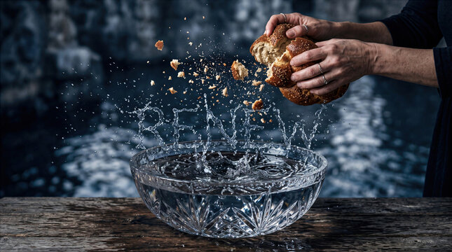 Tashlich ritual for Rosh Hashanah with hands breaking bread over water and splash forming the word RENEW.