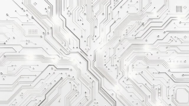 Abstract white circuit board pattern with intricate pathways and nodes