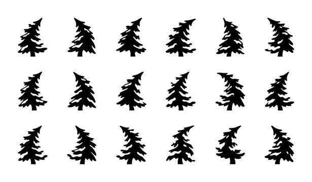 Set of 15 Black Pine Tree Silhouettes, Evergreen Forest Icons, Winter Woodland Vector Graphics for Holiday Design