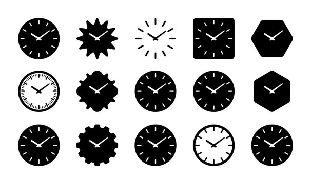 Diverse Clock Icons Collection, Timekeeping Symbols Set, Analog Watch Faces, Modern & Classic Designs, Vector Graphics for Business & Lifestyle