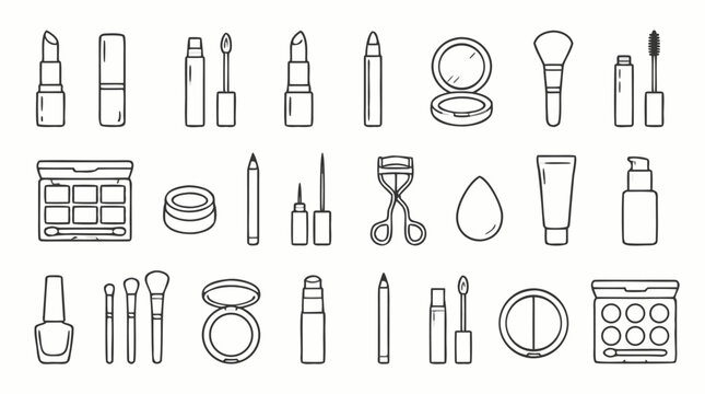 Makeup cosmetics line icon collection vector with lipsticks, mascara, eyeshadow palettes, brushes, compact powder, eyelash curler and skincare bottles for beauty branding, salon packaging and apps