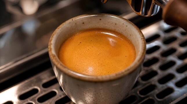 Fresh espresso with golden crema fills a small ceramic cup under a machine spout, suitable for cafe advertising, barista training, or artisan coffee promotions.