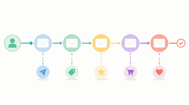 Colorful horizontal email automation journey with connected envelope nodes, user start, action icons and final checkmark, clean flat vector timeline workflow for CRM campaigns and customer engagement