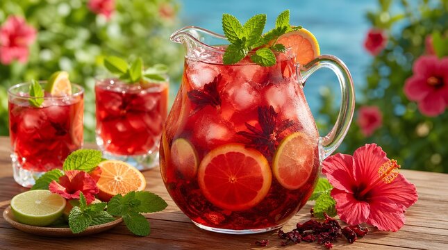 A glass pitcher and tumblers of iced red hibiscus citrus drink with mint, lemon, lime, and tropical flowers on a sunny wooden table for summer refreshment ads.