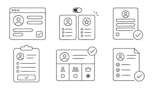 Editable stroke subscription and membership form icon set with profile cards, plan toggle, approval checkmarks, tier options and account onboarding screens in clean outline vector style for SaaS UI