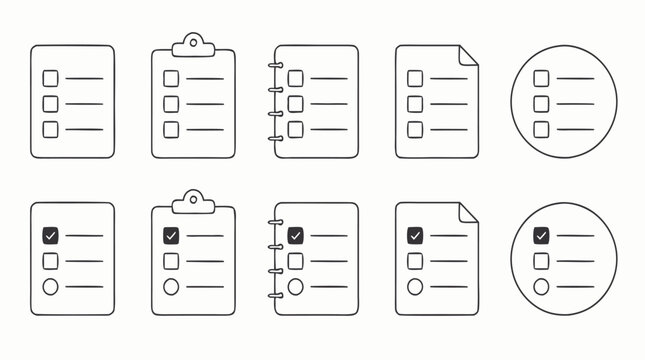 Editable stroke to-do checklist icon set with blank and completed task lists, ticked boxes, pending circles, clipboard and document outlines for productivity apps, planners and workflow tracking