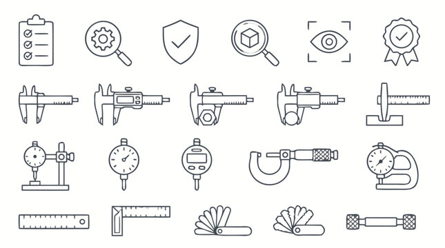 Quality control inspection line icon set with calipers, dial gauges, rulers, micrometers, approval badges and measurement tools, editable vector symbols for manufacturing assurance