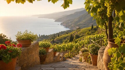 Obraz premium Sunlit stone terrace with potted flowers, grapevines, and coastal mountains above a calm sea, ideal for Mediterranean travel and wine tourism promotions.