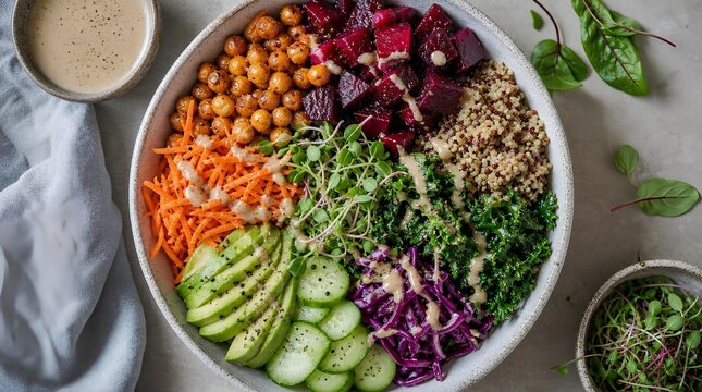Vibrant vegan grain bowl with chickpeas, beetroot, quinoa, kale, avocado, cucumber, carrot, cabbage, microgreens, and dressing for healthy menu marketing.