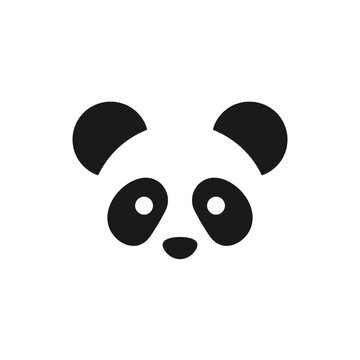 Isolated panda face icon, simple stylized black and white graphic, cute animal symbol for design