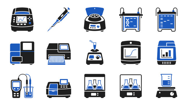 Laboratory Equipment Icons Set for Biotechnology Research and Scientific Analysis in Modern Flat Vector Style for Medical Reports