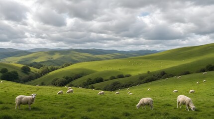 Sheep graze across rolling green hills beneath dramatic clouds, offering a peaceful rural landscape for agriculture, tourism, or countryside branding. © Sadek