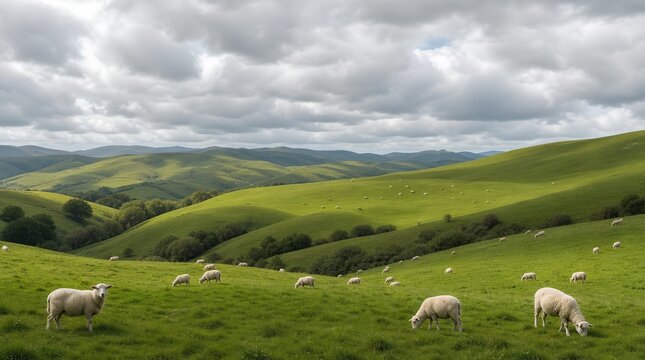 Sheep graze across rolling green hills beneath dramatic clouds, offering a peaceful rural landscape for agriculture, tourism, or countryside branding.