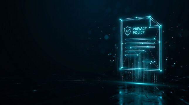 Neon-lit digital privacy policy document floating in dark space, featuring shield icon, abstract lines, and futuristic design from a low-angle studio viewpoint creating a tech-focused mood.