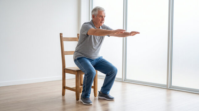 Senior man performing chair squat exercise during rehabilitation therapy