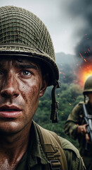 Obraz premium Close-up of a soldier's face, sweating and grimacing, with a blurred background showing conflict and smoke, representing bravery and the harsh realities of war