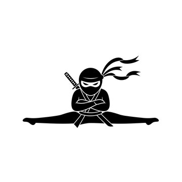 Silhouette of a ninja in a split pose with a sword on back and hair flowing