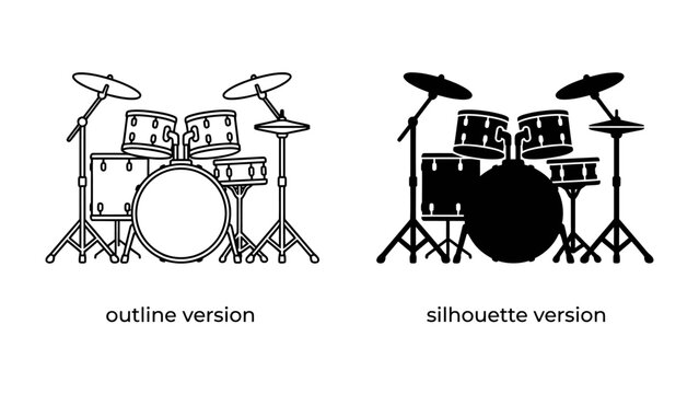 Drum Set Duo: An outline and silhouette of a complete drum set, showcasing its components for musical expression.
