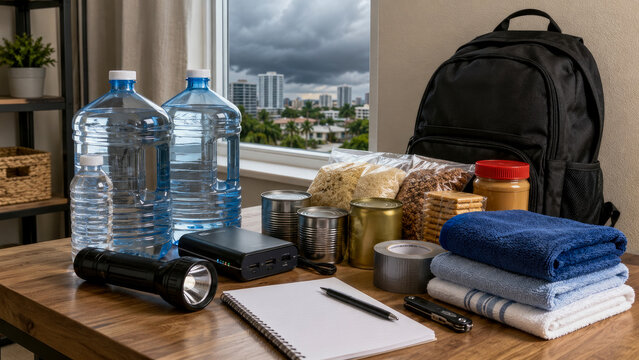 Essential emergency preparedness kit laid out with vital survival supplies: clean bottled water, non-perishable food, flashlight, power bank, and sturdy backpack, ready for natural disaster with cloud