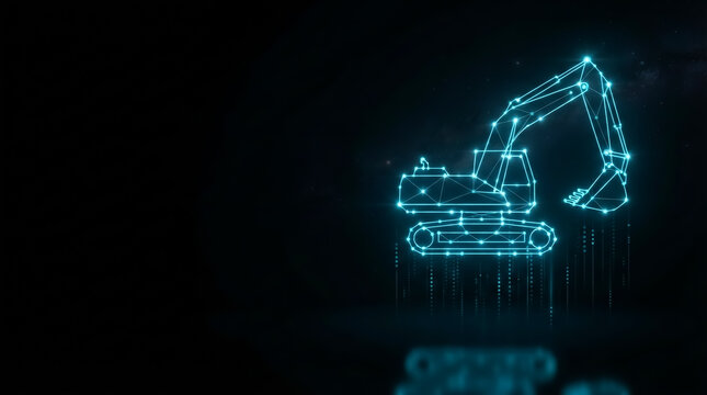 Digital illustration of a glowing blue excavator with binary code lines; studio lighting, dark backdrop, futuristic industrial design.