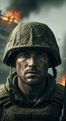 Fototapeta premium Close-up of a soldier's face, dirt-stained and determined, with a burning background, symbolizing resilience, courage, and the harsh realities of conflict.