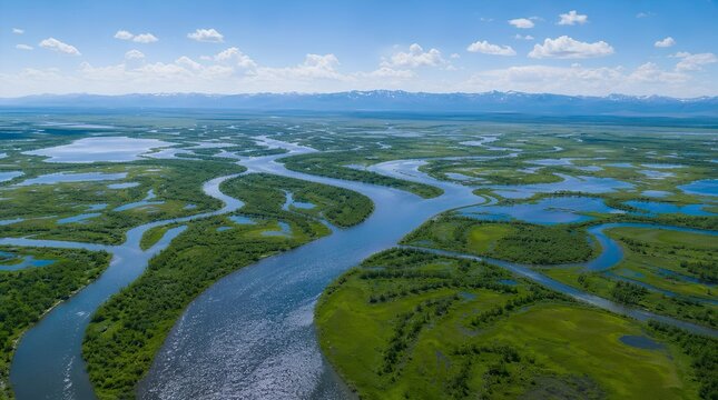 Aerial view of winding river channels through green wetlands with distant snowcapped mountains and blue sky, suited for conservation, travel, or nature promotion.