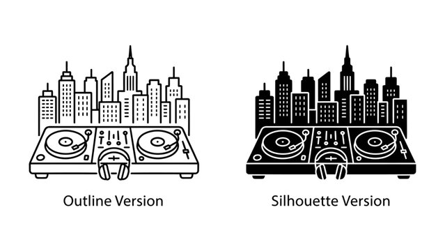 Urban Rhythm: Two contrasting depictions of a DJ setup overlaid on a city skyline, one in outline and the other as a silhouette, represent the fusion of music and metropolitan life.