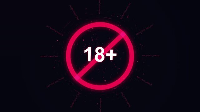 18 Plus Age Restriction Sign Animation with Glowing Red Circular Warning Symbol on Dark Background