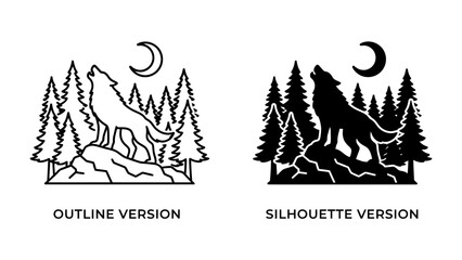 Wolf Howling at the Moon: A striking silhouette and outline illustration depicts a wolf howling at a crescent moon, surrounded by pine trees and rocky terrain. © mahmuda