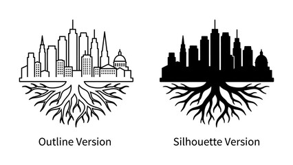 City Roots: A striking illustration depicts a city skyline growing from a complex root system, symbolizing the connection between urban development and its foundations. © Mamun