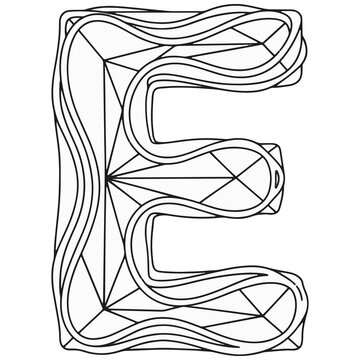 Letter e with black technical wireframe mesh structure