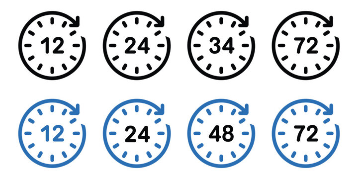 Hour icons featuring 12 and 24 clock formats, fast delivery symbols, 48h and 72h shipping badges, and vector illustration.