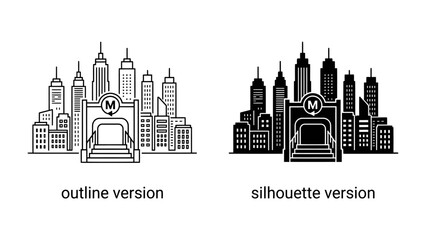 Obraz premium Urban Entrance: A stylized depiction of a city skyline featuring multiple buildings and a prominent entrance structure with the letter M at its center.