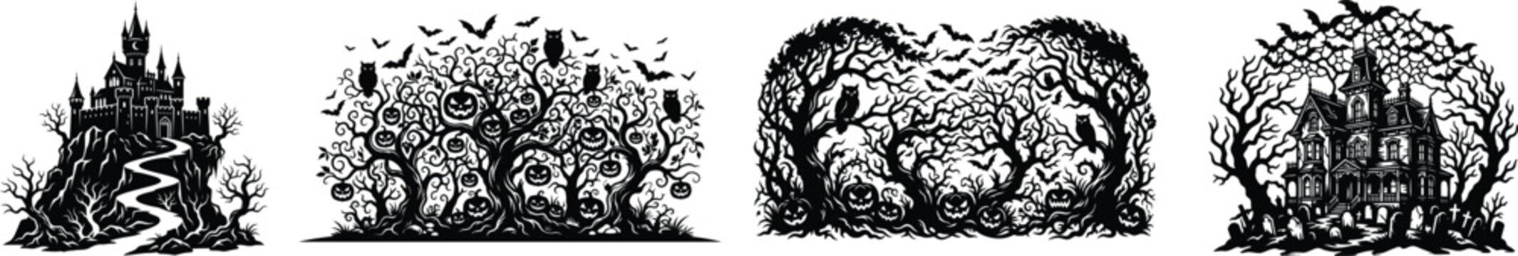 Halloween silhouette illustrations of haunted houses and spooky trees