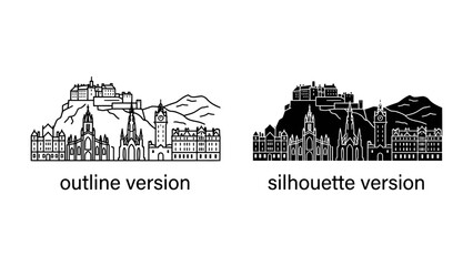 Edinburgh Skyline: A striking illustration of the Edinburgh skyline, featuring iconic landmarks in both outline and silhouette versions, set against a stark white background. © sanjida