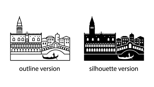 Venice Cityscape Icons: Iconic outline and silhouette illustrations of Venice, Italy, featuring the Doge's Palace, Bridge of Sighs, and a gondola, perfect for travel and architectural design.