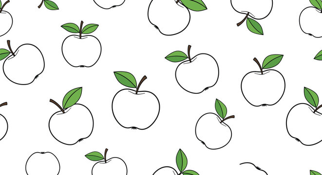Minimalist seamless pattern featuring white apple outlines with bright green leaves scattered across a white background for fresh design.