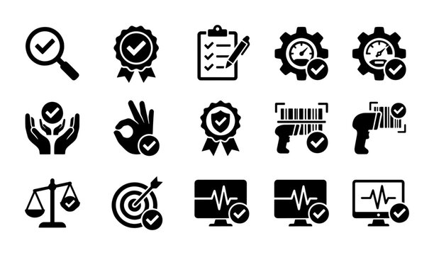 Quality Assurance Icons Set, Checklist, Badge, Scale, Target, Barcode Scanner, Computer Monitor, Vector Graphics for Business and Technology