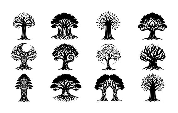 Set of 12 Mystical Tree of Life Vector Icons, Celtic Knot Roots, Fantasy Woodland Symbols, Nature Spirit Art
