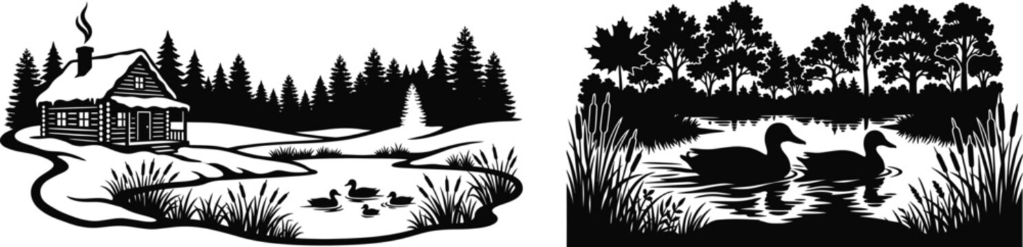 Black and white illustrations of a snowy cabin and ducks in a pond
