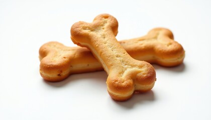 Fototapeta premium Two crispy dog treats shaped like bones sit on white background. Golden baked snacks healthy rewards for pets. Close up food item features crunchy texture perfect for training small puppies large