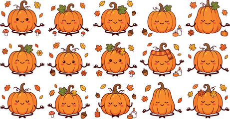 Naklejka premium Cute Yoga Pumpkin Vector Set with Meditating Halloween and Autumn Cartoon Characters Surrounded by Fall Leaves and Mushrooms for Wellness Designs