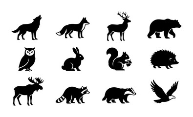 Obraz premium Forest Wildlife Silhouette Icons: 12 Woodland Animal Vector Graphics, Nature Fauna Collection for Design