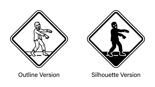 Zombie Warning Sign: Two distinct zombie warning signs, one an outline version and the other a silhouette, alert to potential danger with their unsettling imagery.